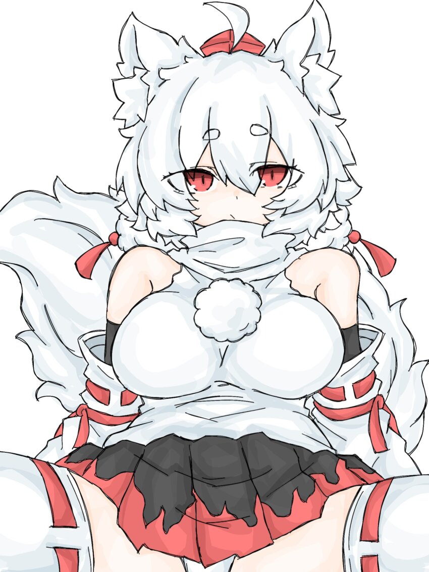 1girl ahoge animal_ear_fluff animal_ears black_gloves black_skirt breasts closed_mouth cowboy_shot detached_sleeves elbow_gloves expressionless eyes_visible_through_hair fumomono gloves hair_between_eyes hat highres inubashiri_momiji large_breasts leaning_back long_bangs looking_at_viewer messy_hair miniskirt panties pleated_skirt pom_pom_(clothes) red_eyes red_hat red_skirt ribbon-trimmed_sleeves ribbon-trimmed_thighhighs ribbon_trim shirt short_hair simple_background skirt sleeveless sleeveless_shirt solo tail thick_eyebrows thighhighs tokin_hat touhou turtleneck turtleneck_shirt two-tone_skirt underwear white_background white_hair white_panties white_shirt white_sleeves white_thighhighs wolf_ears wolf_girl wolf_tail