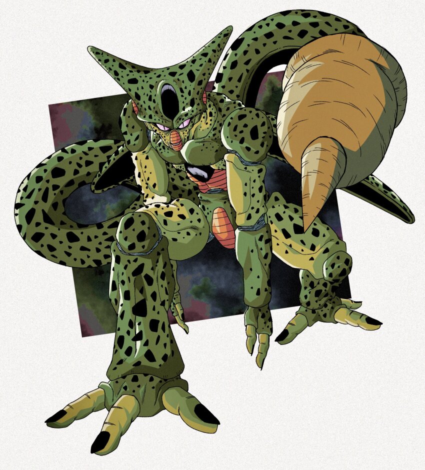 1boy absurdres android black_nails border carapace cell_(dragon_ball) colored_sclera colored_skin dark_background dragon_ball dragonball_z dutch_angle evil_smile fewer_digits foreshortening full_body green_skin highres hunched_over imperfect_cell insect_wings male_focus monster multicolored_skin oharu2000 open_mouth outside_border purple_sclera slit_pupils smile stinger tail tail_raised two-tone_skin white_background white_border wings