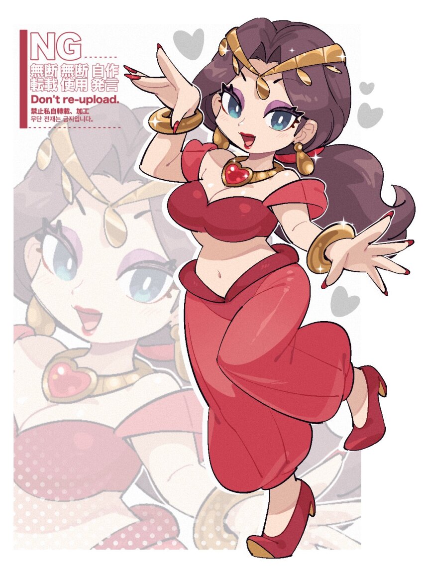 1girl an-chan_(ananna0315) blue_eyes bracelet breasts brown_hair circlet cleavage earrings eyeshadow gold_bracelet gold_collar gold_earrings harem_pants high_heels highres jewelry lipstick long_hair makeup mario_(series) navel nintendo pants pauline_(mario) purple_eyeshadow red_lips red_nails red_pants red_shoes see-through_clothes see-through_pants shoes solo watermark