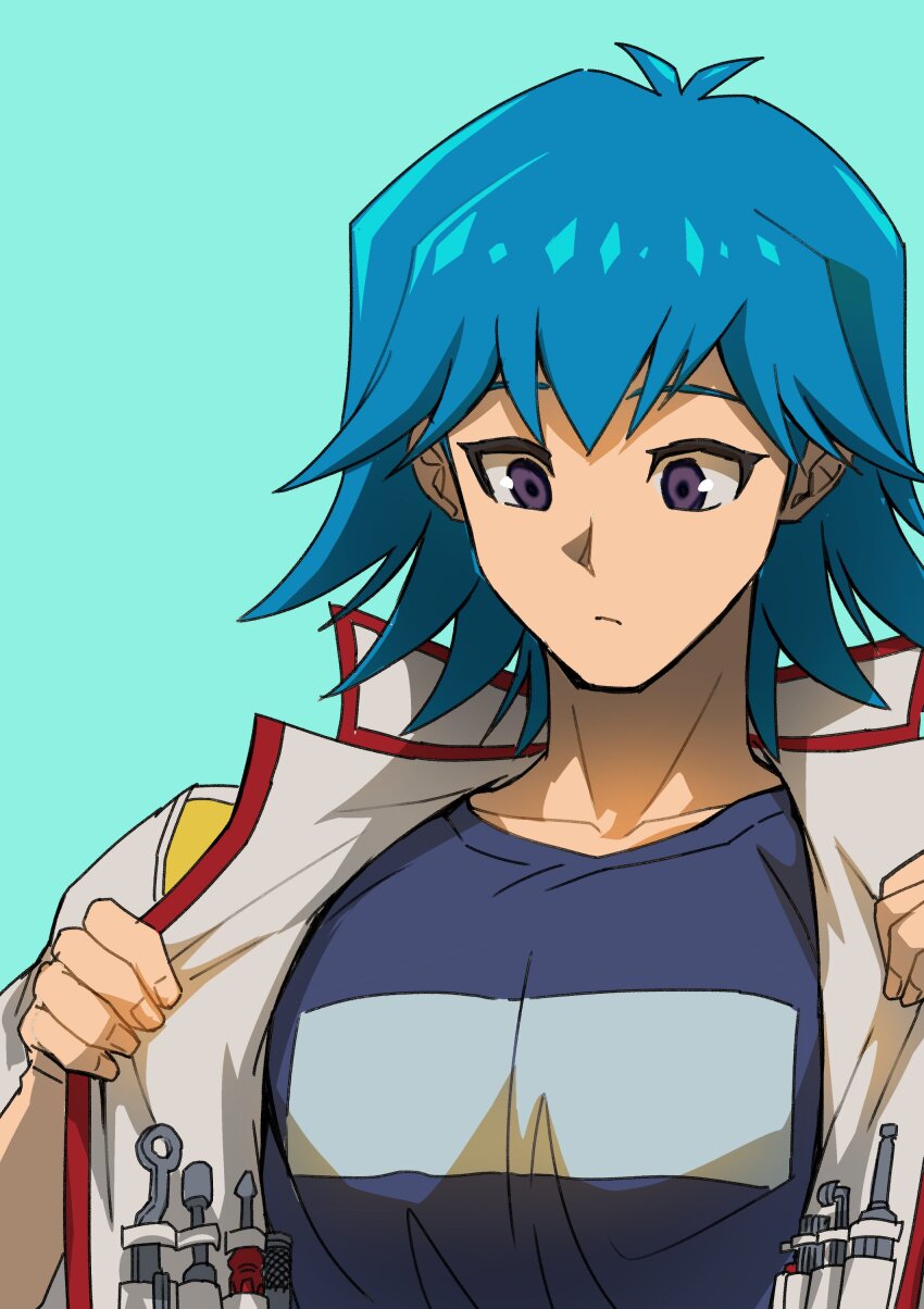 1boy absurdres blue_background blue_hair blue_shirt bruno_(yu-gi-oh!) clothes_pull high_collar highres jacket looking_down male_focus open_clothes open_jacket pectorals purple_eyes screwdriver shirt short_hair simple_background solo tools upper_body utility_vest vest white_jacket youko-shima yu-gi-oh! yu-gi-oh!_5d&#039;s