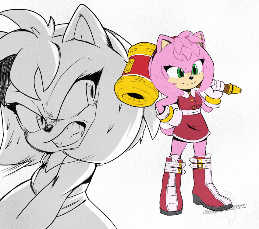 amy_rose boots dress eyelashes fighting gloves green_eyes hairband hammer highres legs medium_hair paramount_pictures pink_fur pink_hair screaminjafawn sega smile sonic_(live_action) sonic_(series) sonic_the_hedgehog_3_(film) teeth toy_hammer