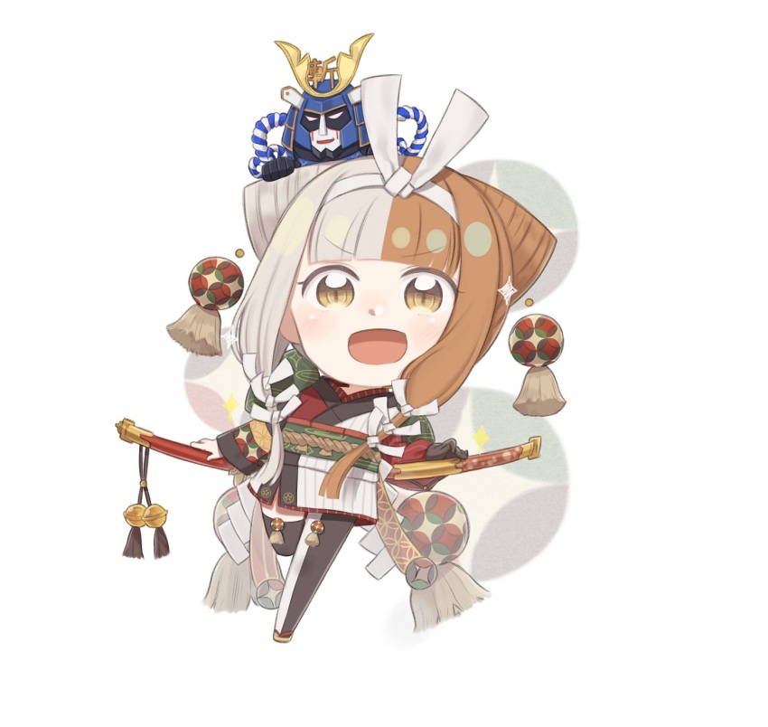 1girl chibi fate/grand_order fate_(series) gloves highres izumo_no_okuni_(fate) japanese_clothes katana kimono multicolored_hair on_head single_glove split-color_hair sword thighhighs totatokeke two-tone_hair weapon weapon_on_back white_background zanzaburou_(fate)