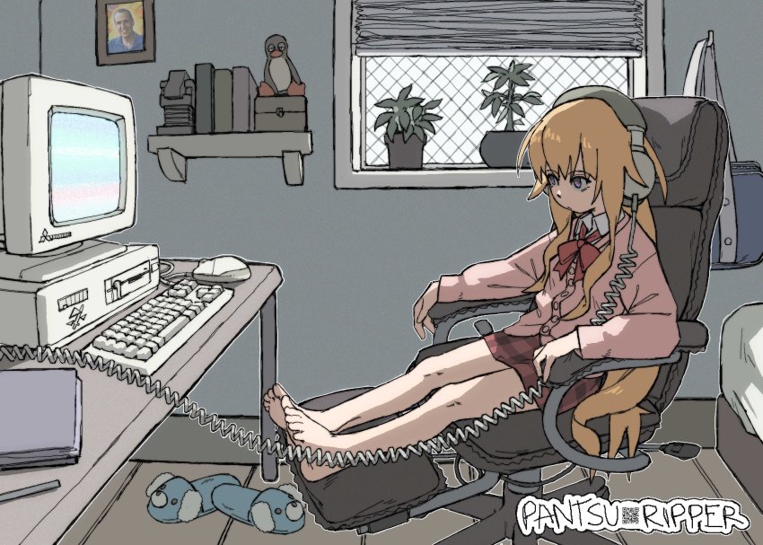 1girl :/ absurdres ahoge artist_logo bag barefoot bed bird blonde_hair blouse blue_shirt book bow bowtie cardigan chair closed_mouth collared_shirt commentary commission computer computer_keyboard computer_mouse crt desk dog_slippers english_commentary framed_image full_body gabriel_dropout gabriel_tenma_white hair_between_eyes headphones highres indoors linux logo long_hair long_sleeves looking_at_screen looking_to_the_side miniskirt mitsubishi_electric notebook office_chair pantsu-ripper pen penguin photo_inset pink_cardigan plaid_clothes plaid_skirt plant potted_plant purple_eyes qr_code real_life red_bow red_bowtie red_skirt school_bag shelf shirt sidelocks sitting skirt slippers solo swivel_chair terry_a_davis tux very_long_hair white_shirt window window_blinds wing_collar wooden_floor