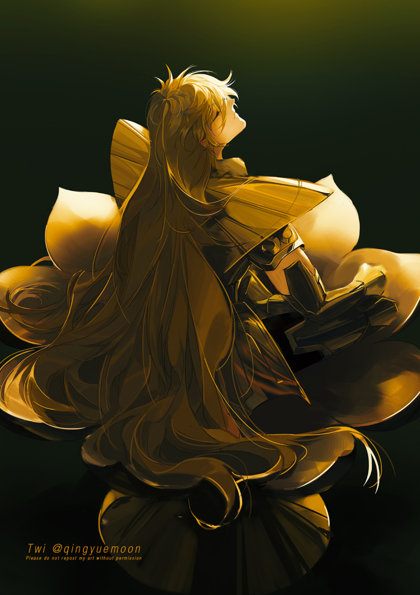 1boy armor blonde_hair closed_eyes commentary dated_commentary english_commentary facing_up flower from_behind full_body gauntlets gold_armor gold_saint gradient_background green_background highres indian_style long_hair lotus male_focus armored_boots mixed-language_commentary moon-lucky pauldrons reflection saint_seiya shoulder_armor simple_background sitting solo twitter_username very_long_hair virgo_shaka yellow_flower