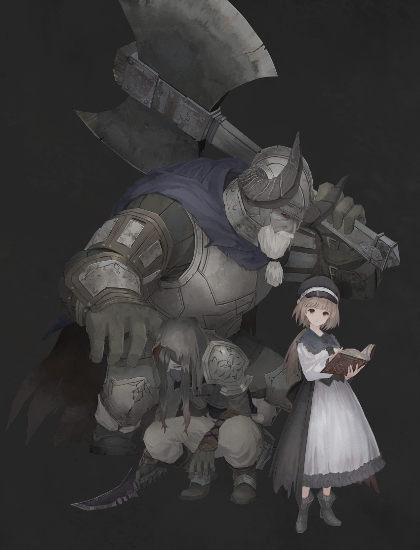1girl 2boys absurdres anzi armor axe beard black_background black_hair black_hat book brown_eyes brown_hair colored_skin commentary_request dress expressionless facial_hair fake_horns grey_skin hat helmet highres holding holding_axe holding_knife holding_weapon horned_helmet horns knife long_hair long_sleeves looking_at_viewer mask mouth_mask multiple_boys open_book original red_eyes simple_background squatting weapon