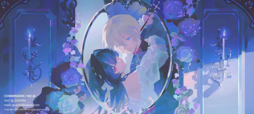 1boy 1girl absurdres black_hair black_jacket blonde_hair blue_eyes blue_fire blue_flower blue_rose bow bride candle commentary commission copyright_notice dagger dress fire flower frilled_dress frills gkxxm groom hair_between_eyes hair_bow hair_intakes hair_ribbon happy head_tilt hetero highres holding holding_dagger holding_knife holding_weapon indoors jacket knife long_hair long_sleeves looking_at_viewer mirror puffy_long_sleeves puffy_sleeves ribbon rose short_hair sidelocks spy_x_family tress_ribbon turtleneck turtleneck_jacket twilight_(spy_x_family) twitter_username upper_body watermark weapon white_bow white_dress white_flower white_ribbon white_rose yor_briar