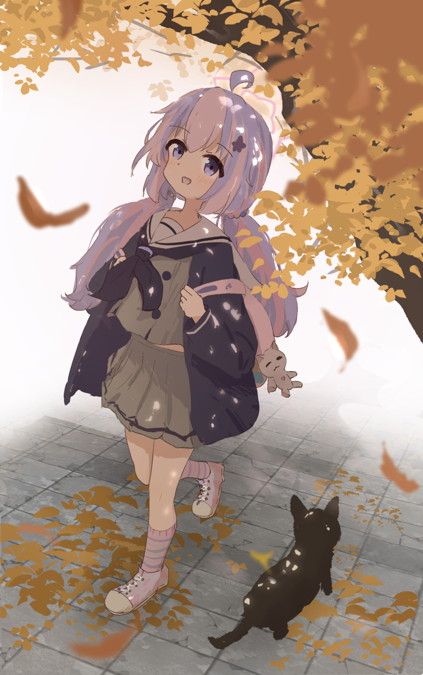autumn autumn_leaves bag beads black_cat black_neckerchief blue_archive blue_hair cat falling_leaves full_body grey_serafuku grey_skirt hair_beads hair_ornament halo highres leaf looking_at_viewer low_twintails meru1178 multicolored_hair neckerchief open_mouth orange_leaf pink_bag pink_hair pink_halo pink_socks purple_bag purple_shoes purple_socks reisa_(blue_archive) sailor_collar school_bag school_uniform serafuku shoes skirt socks star_(symbol) star_hair_ornament star_halo striped_clothes striped_socks tree twintails walking white_sailor_collar