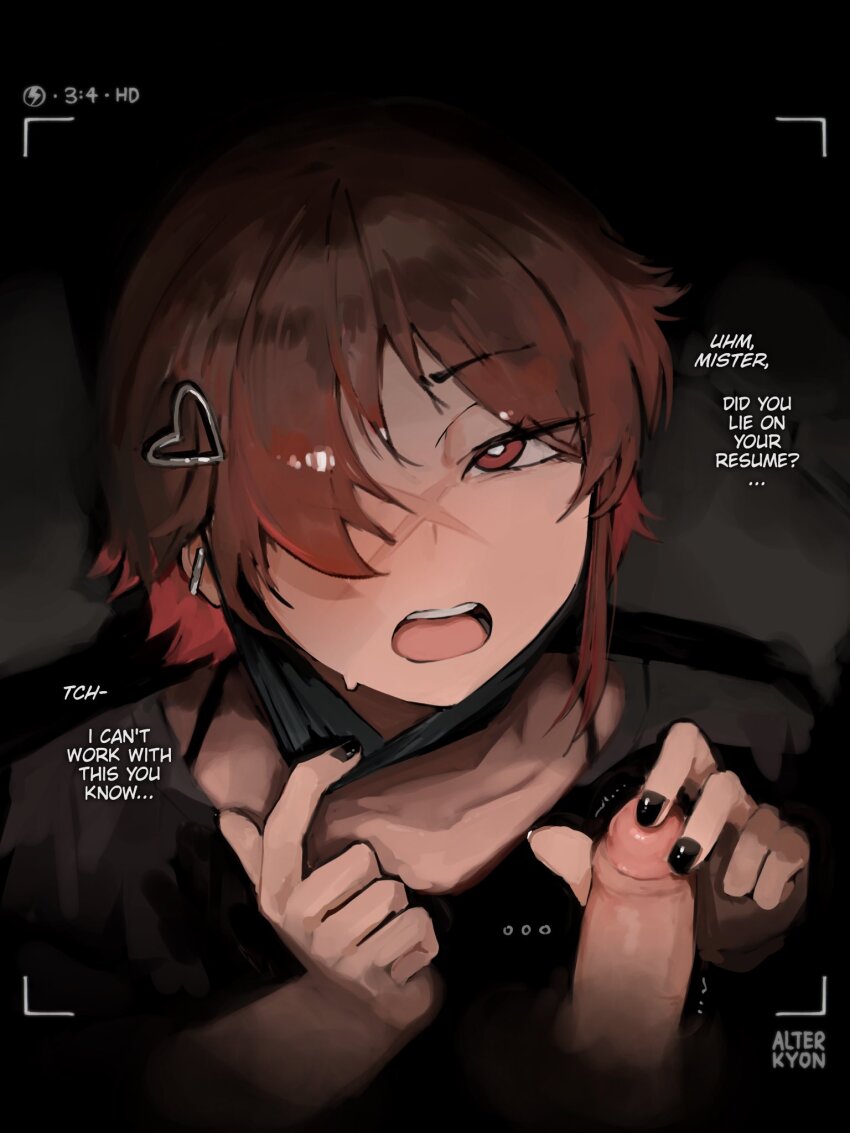 ... 2boys alterkyon black_nails black_shirt bra_strap brown_hair english_text erection fingernails foreskin glansjob hair_ornament hair_over_one_eye heart heart_hair_ornament highres humiliation long_fingernails looking_at_viewer male_focus mask_pull multiple_boys open_mouth original penis phimosis scar scar_on_face shirt small_penis small_penis_humiliation solo_focus speech_bubble trap viewfinder yaoi