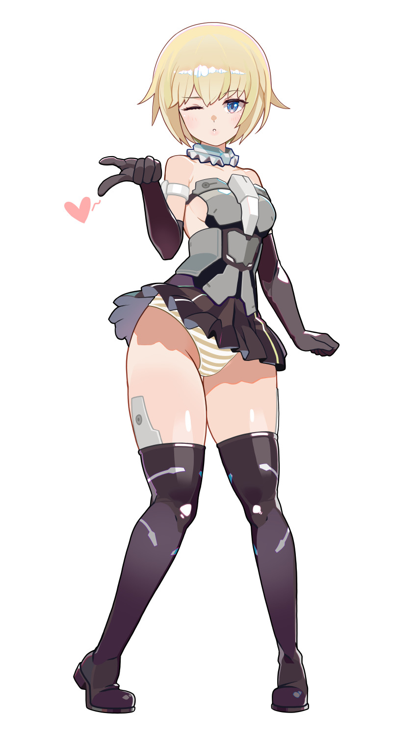 1girl absurdres arm_strap armor bare_shoulders black_boots black_dress black_gloves blonde_hair blowing_kiss blue_eyes boots breastplate breasts clothes_lift collar collarbone commentary detached_collar dress dress_lift elbow_gloves english_commentary frame_arms_girl full_body gang233929rg gloves gourai green_panties highres looking_at_viewer one_eye_closed panties pantyshot parted_lips pleated_dress pointing pointing_at_viewer short_dress short_hair sideboob simple_background small_breasts solo standing strapless strapless_dress striped_clothes striped_panties thigh_boots two-tone_panties underwear upskirt white_background white_collar white_panties