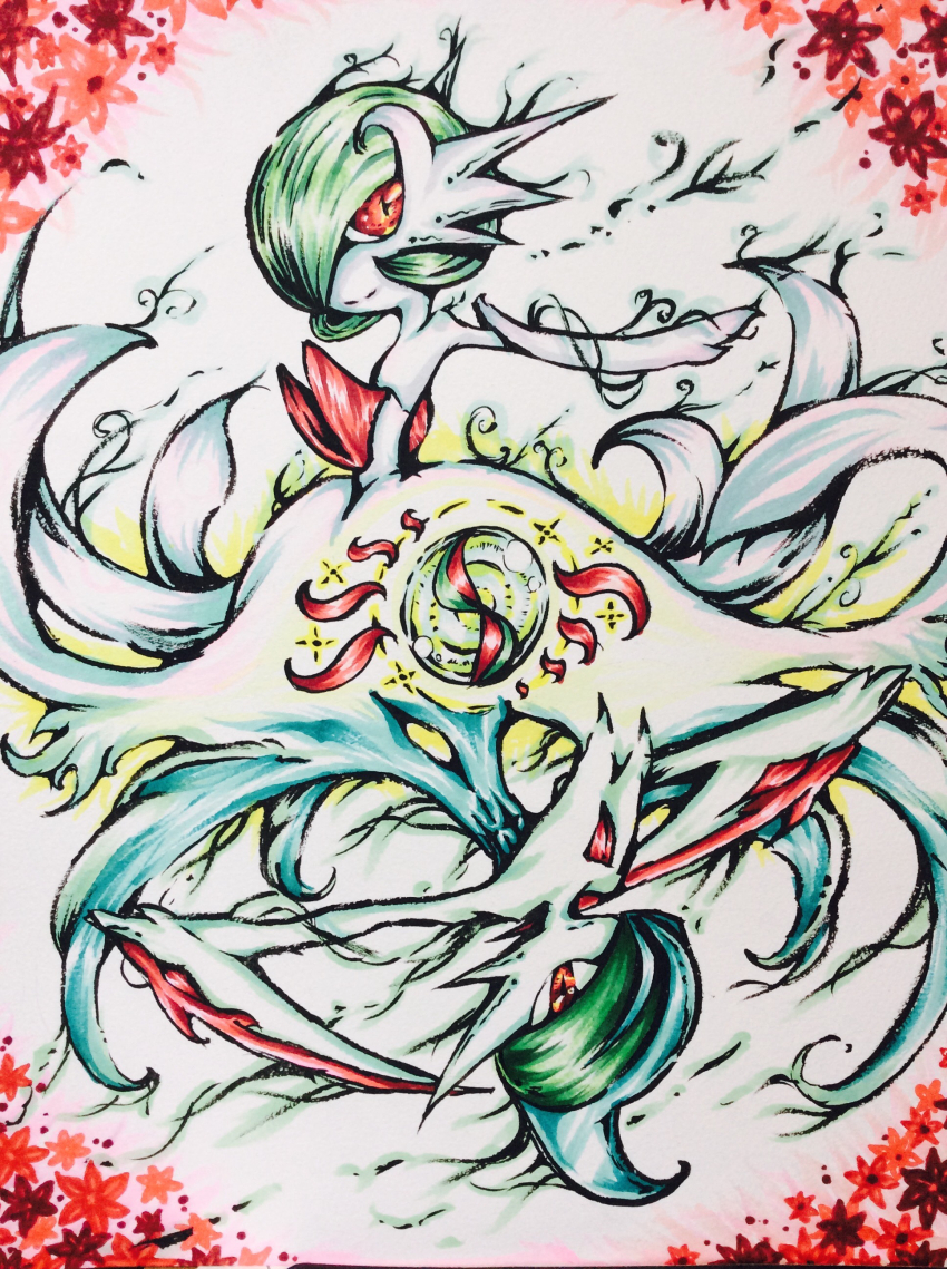 absurdres arm_blade colored_skin dress elbow_gloves flower gallade gardevoir gen_3_pokemon gen_4_pokemon gloves green_hair hair_over_one_eye highres mega_gallade mega_gardevoir mega_pokemon nintendo pink_eyes pokemon pokemon_(creature) red_flower smile user_xcyh8834_(pixiv_81184540) weapon white_background white_dress white_gloves white_skin