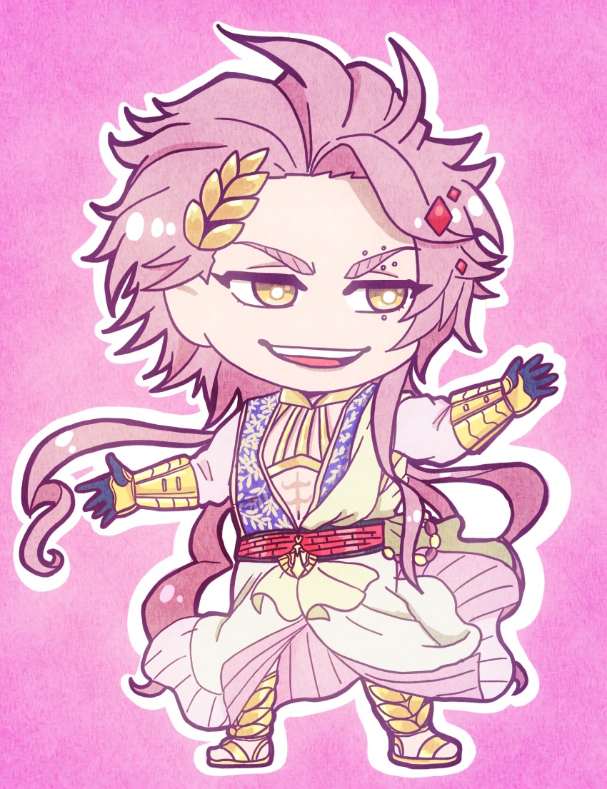 1boy abs absurdres ancient_greek_clothes apollo_(shuumatsu_no_valkyrie) armor armored_gloves arms_up blue_gloves derutta diamond_(shape) diamond_hair_ornament floral_print gem gladiator_sandals gloves gold_armor gold_buckle gold_gloves gold_sandals greco-roman_clothes highres laurel_crown laurel_wreath long_hair male_focus muscular muscular_male obi pink_background pink_hair red_gemstone revealing_clothes sandals sash shuumatsu_no_valkyrie sideways_glance solo standing toga very_long_hair yellow_eyes