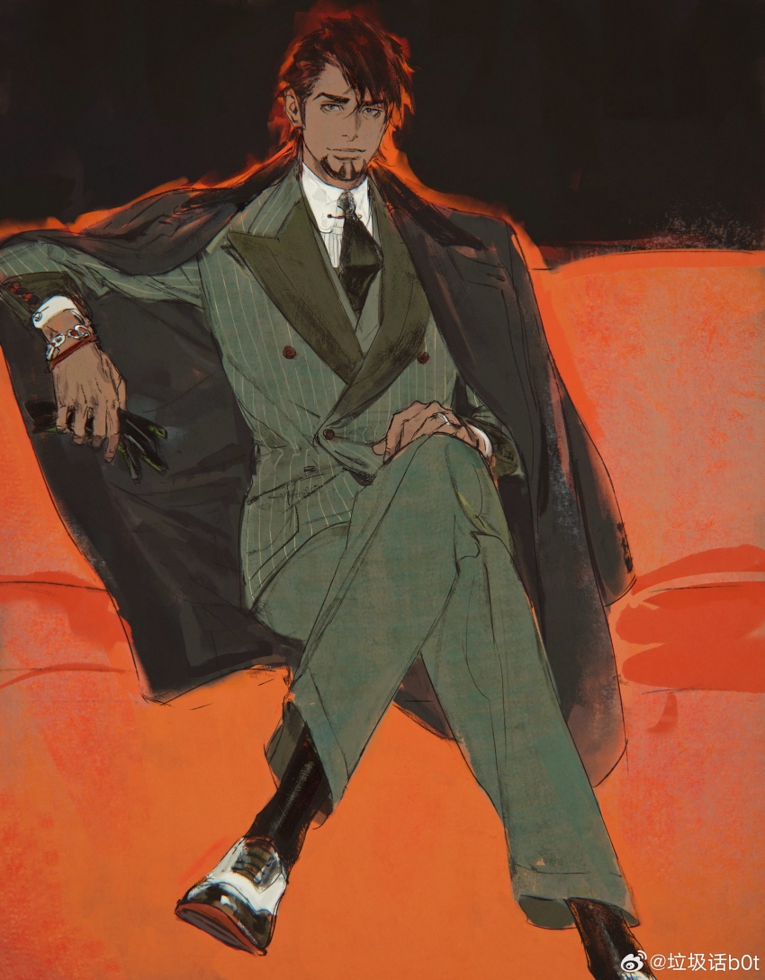 1boy absurdres black_gloves black_jacket black_necktie black_socks creamyghost crossed_legs facial_hair formal_clothes full_body gloves green_jacket green_pants highres holding holding_gloves holding_unworn_clothes jacket jacket_on_shoulders jewelry kaburagi_t._kotetsu looking_at_viewer male_focus necktie pants pinstripe_jacket pinstripe_pattern pinstripe_suit ring shirt sitting socks solo suit suit_jacket tiger_&amp;_bunny unworn_gloves watermark wedding_ring weibo_username weibo_watermark white_shirt