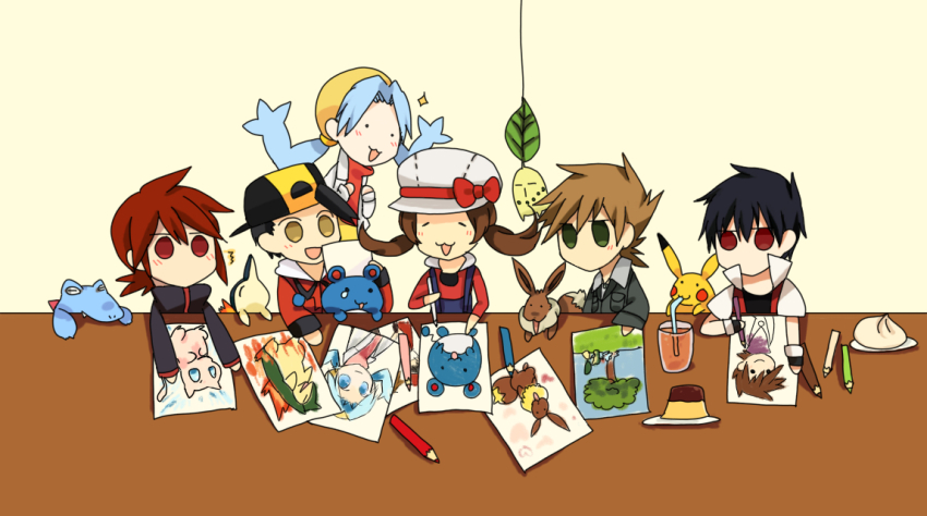 00s 1990s_(style) 2girls 4boys ^^^ bad_id bad_pixiv_id baseball_cap black_hair blue_hair blue_oak blue_oak_(pokemon_hgss) brown_hair chikorita cyndaquil drawing drinking eevee ethan_(pokemon) food gen_1_pokemon gen_2_pokemon hat kris_(pokemon) legendary_pokemon lyra_(pokemon) marill mew_(pokemon) multiple_boys multiple_girls mythical_pokemon nintendo pikachu pokemon pokemon_(creature) pokemon_gsc pokemon_hgss pudding red_(pokemon) retro_artstyle silver_(pokemon) silver_(pokemon)_(remake) tomoyami totodile twintails