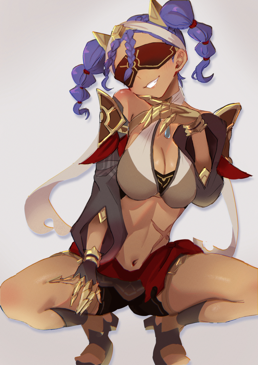 1girl armor bare_shoulders black_shorts braid breasts brown_sandals brown_sleeves clawed_gauntlets cleavage commentary_request crop_top detached_sleeves facing_viewer full_body genshin_impact gladiator_sandals gradient_background grey_background grin hair_ornament hand_up head_tilt highres jeht_(genshin_impact) medium_breasts medium_hair navel purple_hair red_blindfold sandals shorts shoulder_armor shoulder_blush smile solo spread_legs squatting sukoyaka93 twintails