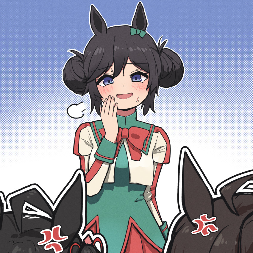 3girls ahoge anger_vein animal_ears black_hair blue_background blue_eyes breasts commentary_request double_bun duramente_(umamusume) hair_between_eyes hair_bun hair_ornament highres horse_ears horse_girl jin_(jinkwon1147) kitasan_black_(umamusume) korean_commentary looking_at_viewer looking_back medium_breasts mixed-language_commentary multiple_girls open_mouth ribbon river_light_(umamusume) solo_focus sweat umamusume