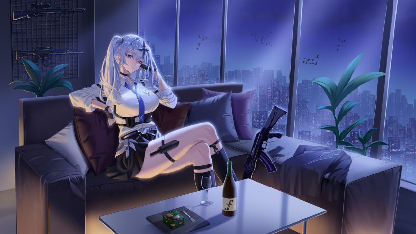 1girl ak-47 arm_rest armored_skirt assault_rifle bird black_choker black_skirt blue_eyes blue_nails blue_necktie bolt_action bottle breasts building choker city city_lights closed_mouth collared_shirt commentary couch cross cross_hair_ornament crossed_legs cup drinking_glass felfia fingerless_gloves food fork gloves gun hair_ornament hand_on_own_cheek hand_on_own_face hand_up head_tilt heterochromia highres holster inverted_cross kalashnikov_rifle kneehighs large_breasts legs long_hair long_sleeves looking_at_viewer m4_carbine nail_polish necktie neo-porte night night_sky on_couch pillow pink_eyes plant plate remington_model_700 rifle shirt shirt_tucked_in sitting skirt sky smile sniper_rifle socks solo table tentei_forte tentei_forte_(2nd_costume) thigh_holster thigh_strap thighs three-quarter_sleeves twintails unworn_clothes very_long_hair virtual_youtuber weapon weapon_rack white_hair white_shirt window wine_glass