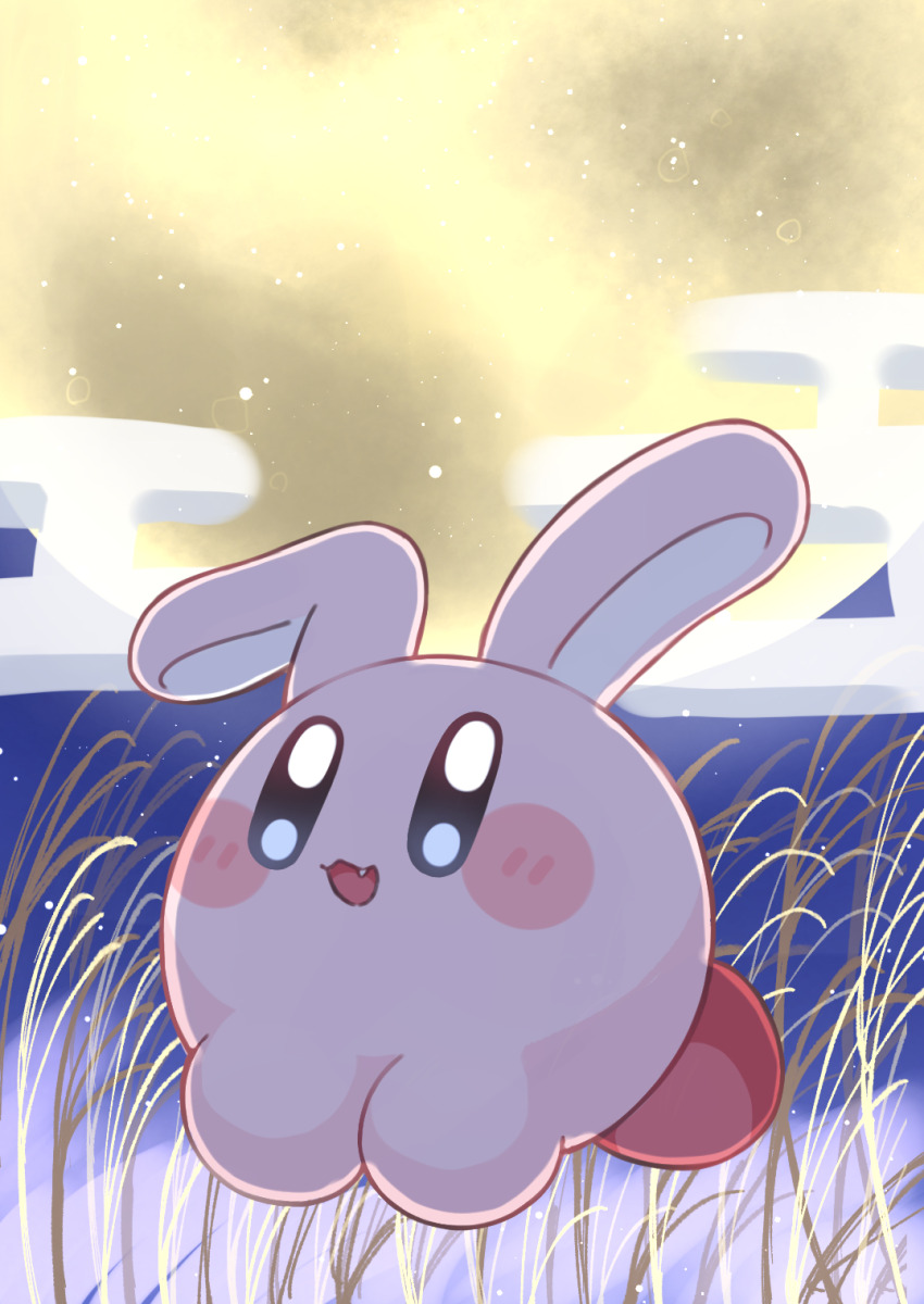 :3 airi_chiffon animal_ears blush_stickers commentary_request egasumi fang full_moon highres kirby kirby_(series) looking_at_viewer moon nintendo no_humans open_mouth rabbit_ears smile susuki_grass tsukimi