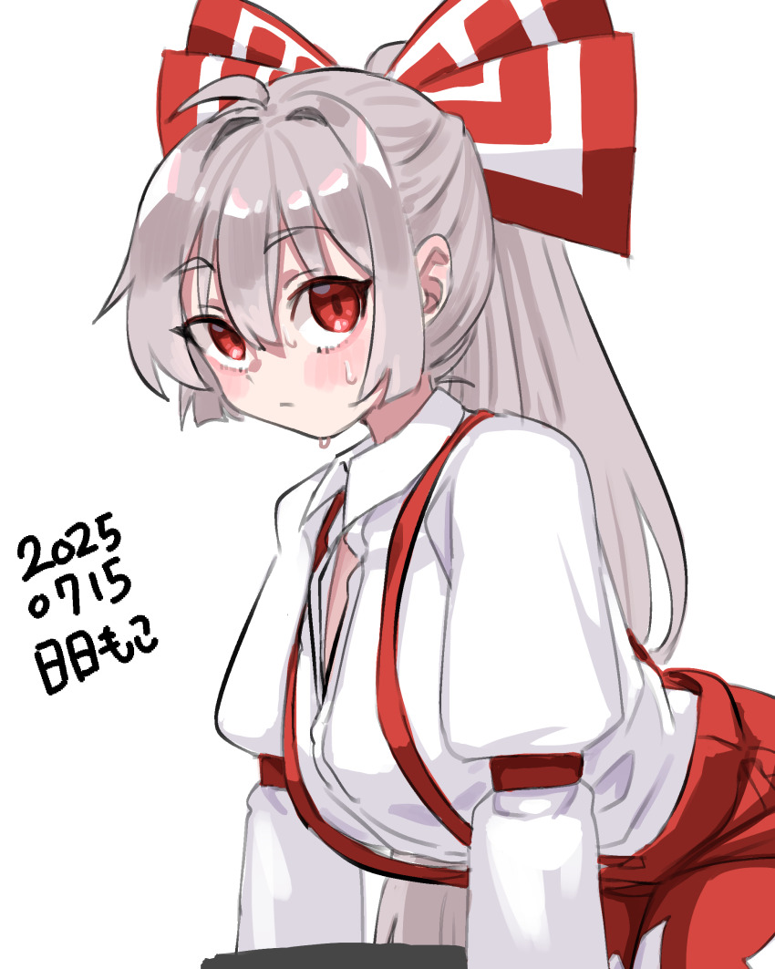 1girl absurdres bent_over blush bow collared_shirt dated dot_nose fujiwara_no_mokou grey_hair hair_between_eyes hair_bow high_ponytail highres neophyte pants partially_unbuttoned ponytail red_bow red_eyes red_pants red_suspenders shirt simple_background solo suspenders sweat touhou white_background white_bow white_shirt