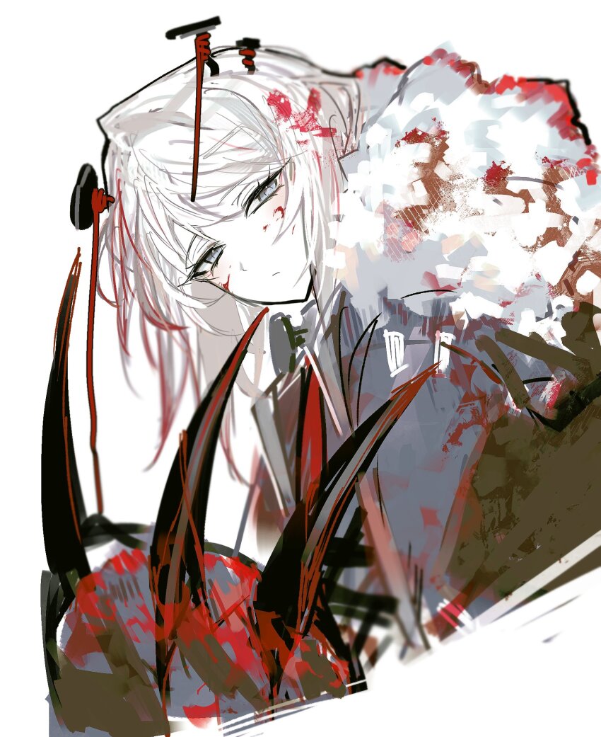 1girl bear_claws blood blood_in_hair blood_on_clothes blood_on_face blue_eyes claws closed_mouth e.g.o_(project_moon) faust_(project_moon) fur-trimmed_jacket fur_trim grey_jacket head_tilt hex_nail_(e.g.o) highres jacket limbus_company long_hair nail_(hardware) project_moon remsrar simple_background solo upper_body white_background white_hair