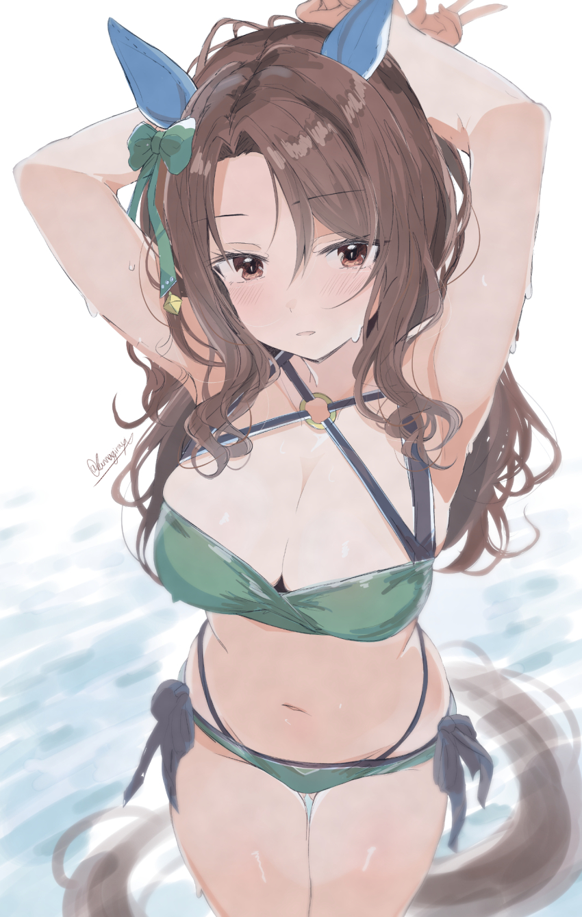 1girl animal_ears armpits arms_behind_head arms_up bikini blush breasts cleavage collarbone highres horse_ears horse_girl horse_tail kannagiray king_halo_(umamusume) large_breasts long_hair looking_at_viewer navel open_mouth red_eyes solo swimsuit tail umamusume water white_background