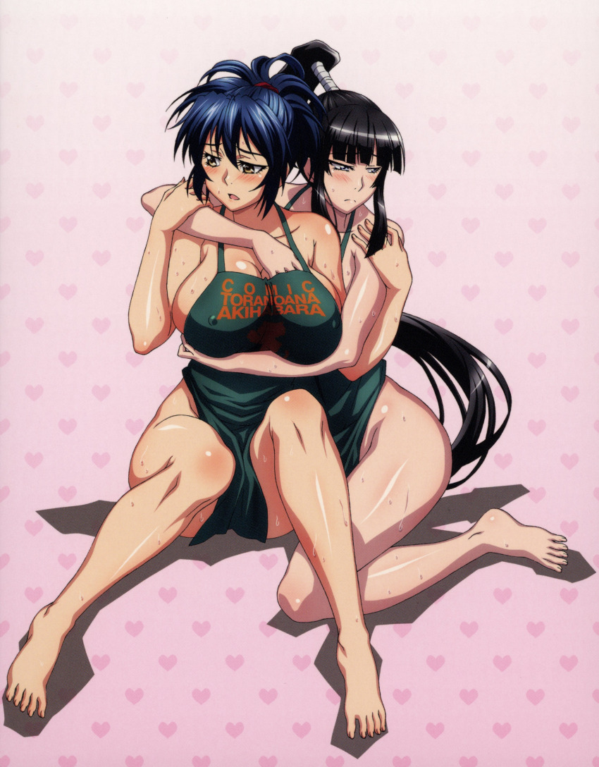 2girls absurdres apron arm_around_neck aroused between_legs black_hair blue_eyes blue_hair blush breasts cleavage covered_erect_nipples embarrassed female_focus flat_chest full_body green_apron hair_up heart heavy_breasts highres hug in_heat large_breasts legs long_hair manyuu_chifusa manyuu_hikenchou multiple_girls naked_apron nervous_sweating no_bra no_panties nude_underneath open_mouth ponytail sayama_ouka shiny_skin size_difference sweat thighs toranoana yellow_eyes yuri