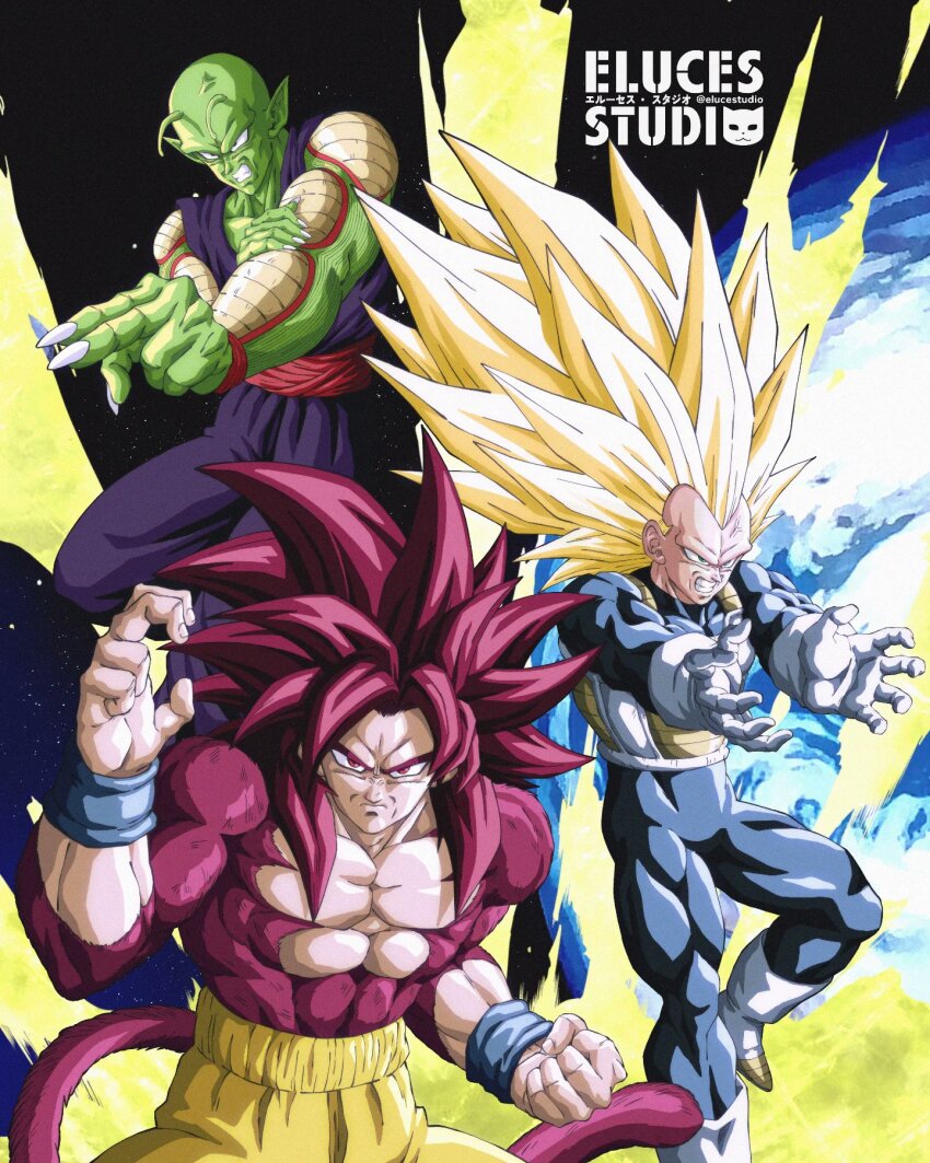 3boys antennae blue_bodysuit bodysuit boots closed_mouth dragon_ball dragon_ball_daima earth_(planet) elucestudio final_flash gloves green_skirt highres long_hair looking_at_viewer makankousappou medium_hair monkey_boy monkey_tail multiple_boys no_eyebrows orange_pants pants piccolo planet purple_pants purple_shirt red_eyes red_fur red_hair red_sash saiyan_armor sash shirt skirt son_goku space spiked_hair super_saiyan super_saiyan_3 super_saiyan_4 tail vegeta white_boots white_gloves