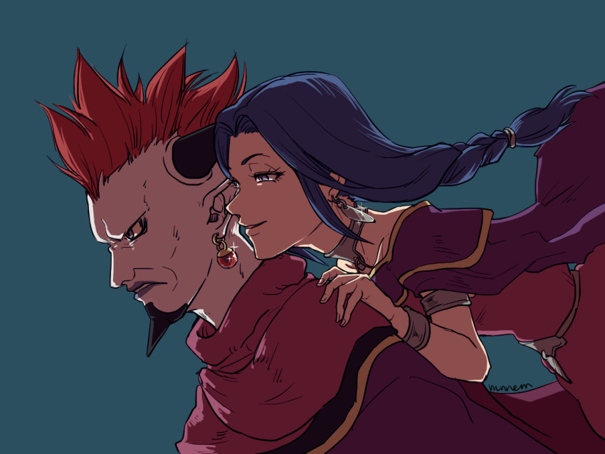 1boy 1girl aqua_background armlet artist_name black_horns blue_eyes blue_hair bracelet cape chin_spike choker colored_skin commentary_request dragon_quest dragon_quest_xi dress earrings floating floating_cape floating_hair frown gem gold_trim hands_on_another&#039;s_shoulders horns jewelry long_hair looking_ahead low-braided_long_hair low-tied_long_hair mnnem mohawk orange_hair parted_hair parted_lips pink_dress pink_scarf pointy_ears profile purple_cape purple_eyes purple_lips purple_robe red_gemstone robe scarf silver_armlet silver_choker silver_earrings sphere_earrings the_seer_(dq11) upper_body urnoga whispering_in_ear white_skin