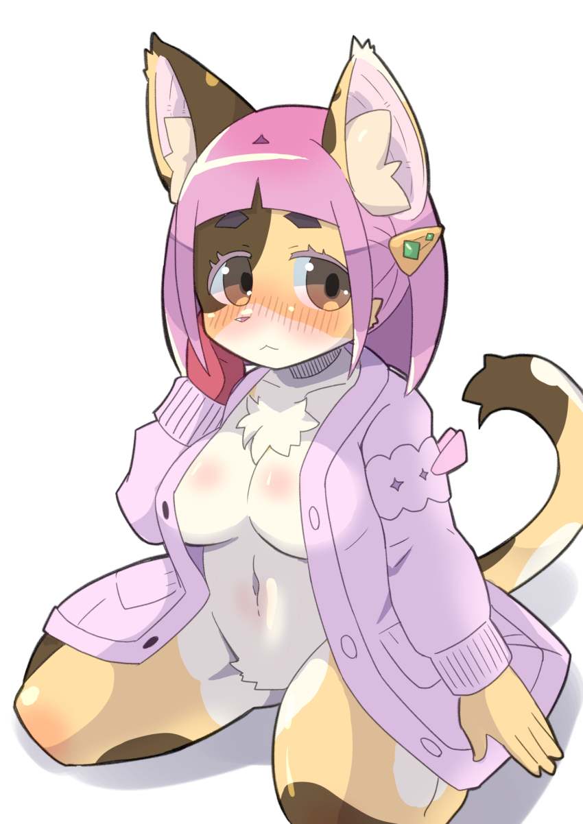 1girl animal_ear_fluff animal_ears animal_nose blush breasts brown_eyes cat_ears cat_tail fur furry furry_female hair_ornament hairclip highres jacket kneeling lacey_(pokemon) medium_breasts multicolored_fur naked_jacket navel nintendo open_clothes open_jacket orange_fur pink_jacket pokemon pokemon_sv spots tail white_fur zokucyoo