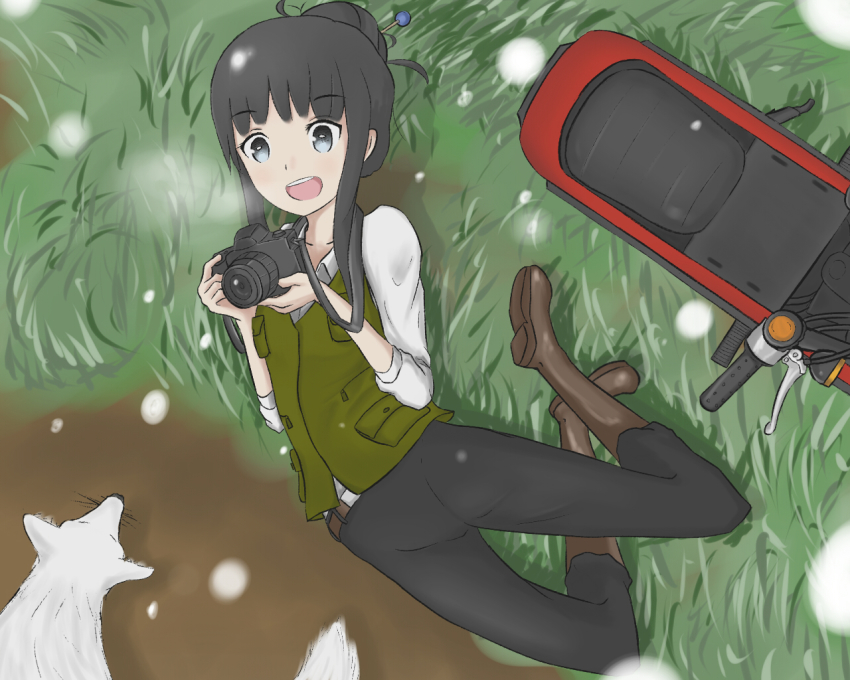 black_hair camera commentary_request fox grass hair_bun honda_motocompo kino_no_tabi minibike motor_vehicle motorcycle noped photo_(kino_no_tabi) single_hair_bun snow sou_(kino_no_tabi) vest