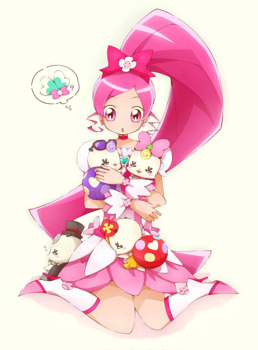 1girl aloalo_(happinesscharge_precure!) boots bow brooch choker cuffs cure_blossom earrings flower flower_earrings gurasan_(happinesscharge_precure!) handcuffs happinesscharge_precure! heart heart_brooch heartcatch_precure! high_ponytail highres holding jewelry knee_boots long_hair looking_at_another phanphan_(happinesscharge_precure!) pink_bow pink_choker pink_eyes pink_flower pink_hair ponytail precure ribbon_(happinesscharge_precure!) yuu13
