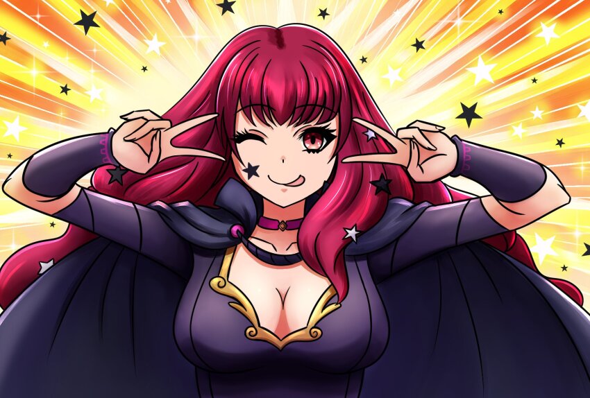 1girl breasts cape choker cleavage collarbone double_v emotional_engine_-_full_drive fire_emblem fire_emblem_engage hair_ornament hair_over_shoulder highres large_breasts long_hair looking_at_viewer nintendo one_eye_closed red_hair star_(symbol) star_hair_ornament sticker_on_face tongue tongue_out v will_(willanator93) yunaka_(fire_emblem)