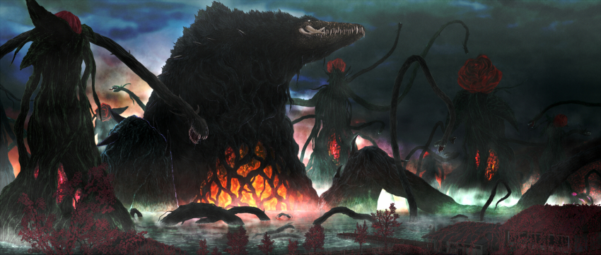biollante bioluminescence building cloud cloudy_sky dock extra_mouth fangs flower forest glowing godzilla_(series) godzilla_vs._biollante highres hisha_maru kaiju lake lake_ashi nature no_humans overcast plant real_world_location rose sharp_teeth sky teeth tentacles toho tree tusks vines water