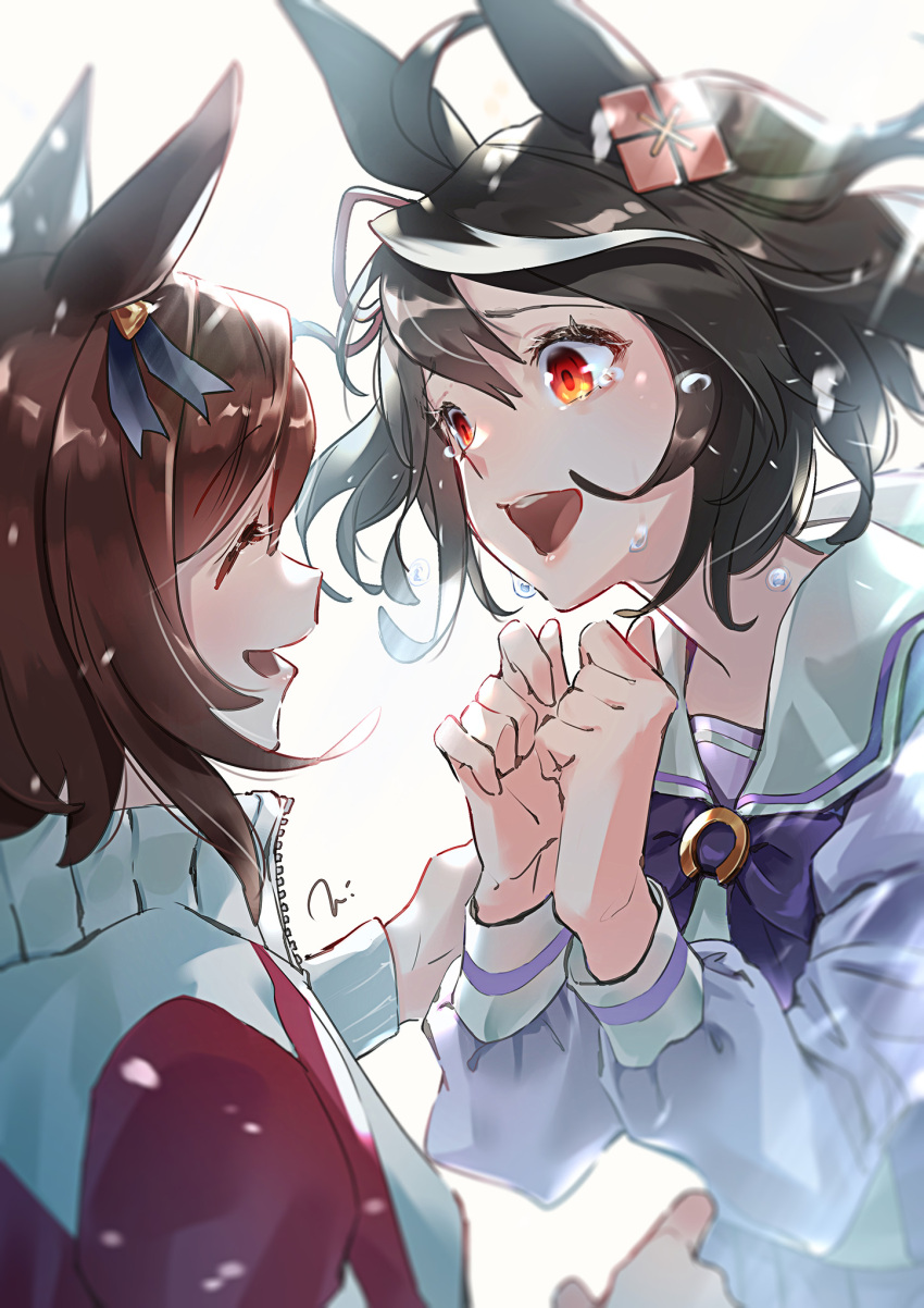 ahoge animal_ears black_hair blurry brown_hair closed_eyes commentary_request crying depth_of_field ear_ornament hands_up highres horse_ears horse_girl jacket kitasan_black_(umamusume) long_sleeves looking_at_another open_mouth own_hands_together purple_shirt red_eyes sailor_collar school_uniform shirt short_hair smile tokai_teio_(umamusume) torokko tracen_school_uniform tracen_training_uniform track_jacket umamusume white_sailor_collar