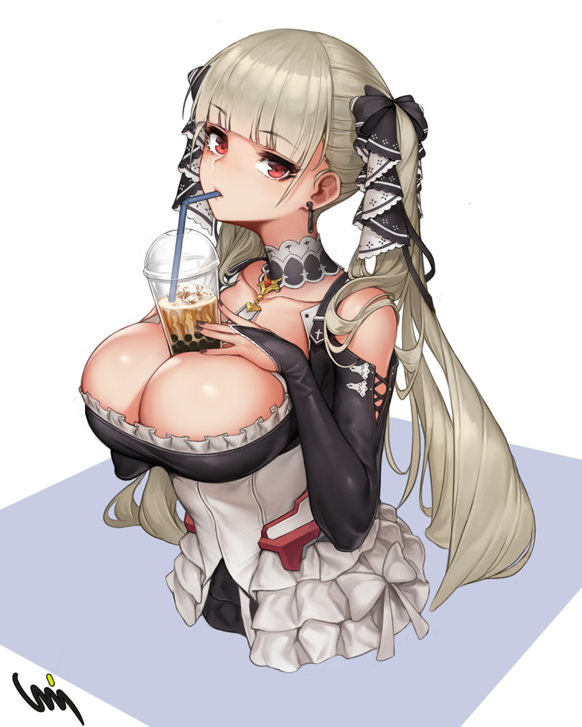 1girl azur_lane between_breasts black_dress bow breasts bubble_tea bubble_tea_challenge cleavage collarbone cropped_torso cup detached_collar detached_sleeves disposable_cup dress drinking_straw earrings female_focus formidable_(azur_lane) frilled_dress frills grey_hair hair_bow hand_on_own_chest hand_up highres jewelry large_breasts long_hair long_sleeves looking_at_viewer nail_polish object_on_breast red_eyes signature solo twintails vana