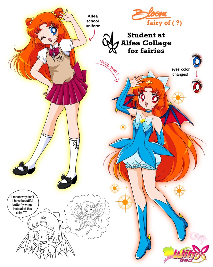 1990s_(style) adapted_costume alternate_costume animal_print animification arrow_(symbol) artist_name back_bow bare_arms bare_shoulders bishoujo_senshi_sailor_moon black_bow black_shoes bloom_(winx_club) blue_arm_warmers blue_boots blue_bow blue_bowtie blue_choker blue_dress blue_eyes blue_skirt boots bow bowtie breast_pocket brooch brown_vest bubble_skirt butterfly_print character_name choker collarbone collared_shirt copyright_name crest crying double_bun dragon_wings dress english_text eyelashes fairy faux_retro_artstyle footwear_bow frilled_skirt frills full_body hair_bobbles hair_bow hair_bun hair_ornament hand_on_own_hip hand_up heart heart_brooch high_heel_boots high_heels highres honeymoonpetal jewelry knee_boots kneehighs logo long_hair magical_girl mary_janes miniskirt one_eye_closed orange_hair orange_outline outline parody parted_bangs partially_colored pink_bow pink_bowtie pink_skirt pleated_skirt pocket puffy_short_sleeves puffy_sleeves red_eyes red_wings retro_artstyle school_uniform shirt shoes short_dress short_sleeves simple_background skirt skirt_under_dress smile socks sparkle speech_bubble standing strapless strapless_dress streaming_tears style_parody sweater_vest tareme tears thought_bubble v-neck very_long_hair vest white_background white_shirt white_socks wings winx_club yellow_brooch yellow_outline