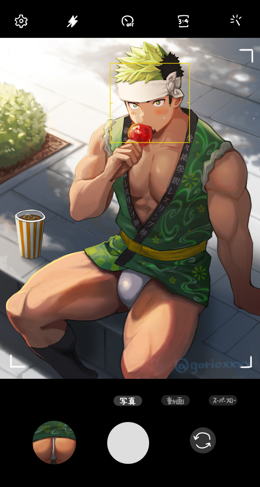 1boy abs_peek ass bara bare_legs black_hair blush bulge candy candy_apple dated day eating facial_hair feet_out_of_frame food fundoshi goatee gorioxxxx green_eyes green_hair green_happi headband highres holding holding_candy holding_food holding_lollipop ikusaba_daisuke japanese_clothes lollipop looking_at_viewer male_focus male_underwear multicolored_hair muscular muscular_male pectoral_cleavage pectorals sideburns sitting sleeveless solo sunlight thighs tokyo_houkago_summoners twitter_username two-tone_hair undercut underwear viewfinder white_headband white_male_underwear