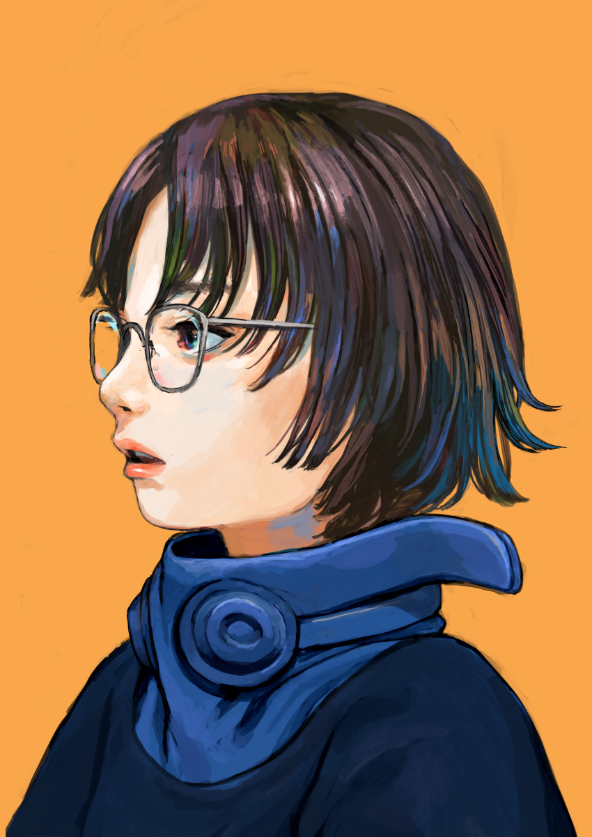 1girl absurdres brown_eyes brown_hair commentary glasses highres junjunforever lips orange_background original parted_lips portrait round_eyewear short_hair simple_background solo upper_body