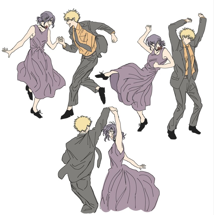 1boy 1girl bare_arms bare_shoulders black_choker black_shoes blonde_hair breasts chainsaw_man choker closed_eyes collared_shirt dancing denji_(chainsaw_man) dress flower_choker formal_clothes full_body grey_jacket grey_necktie grey_pants grey_suit hair_between_eyes hair_bun hands_up highres holding_hands jacket long_dress looking_at_another medium_breasts medium_hair multiple_views necktie open_mouth orange_shirt pants pizza202020 purple_dress purple_hair reze_(chainsaw_man) shirt shoes short_hair sleeveless sleeveless_dress smile spinning suit suit_jacket updo white_background