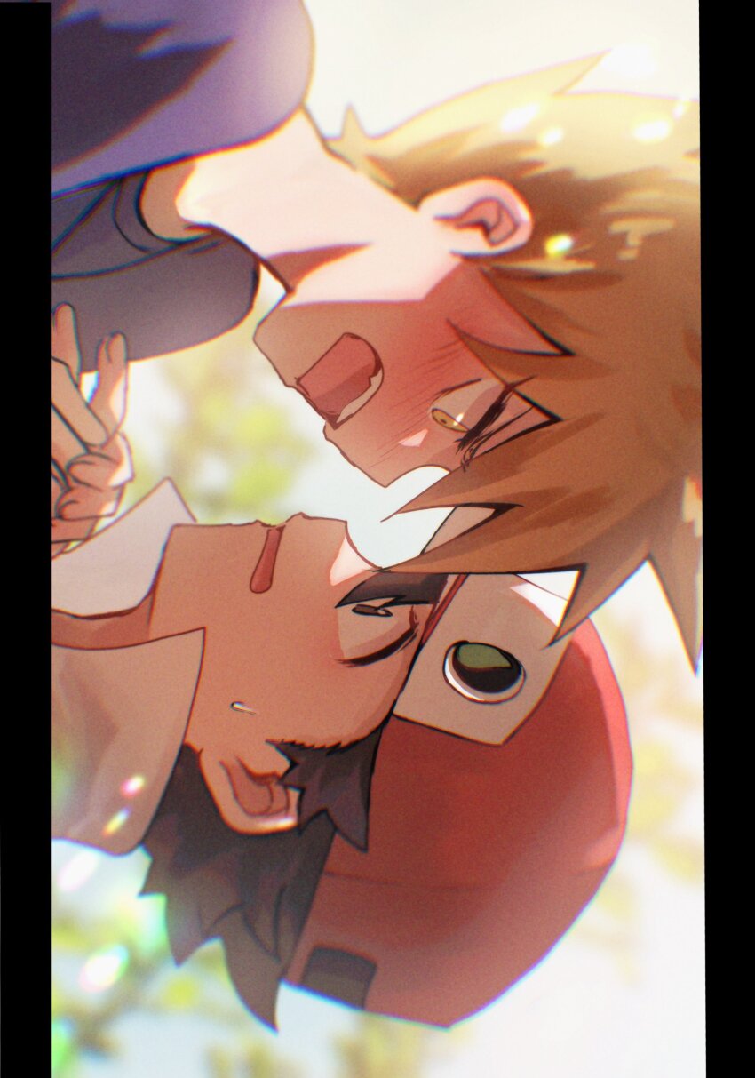 2boys absurdres blue_oak blush brown_hair commentary_request day eye_contact from_side hand_up hat highres holding_hands looking_at_another male_focus multiple_boys nintendo open_mouth outdoors pokemon pokemon_rgby popped_collar purple_shirt red_(pokemon) red_hat shirt shiruko_(s1ruko) short_hair spiked_hair sweatdrop teeth upper_body upper_teeth_only yaoi