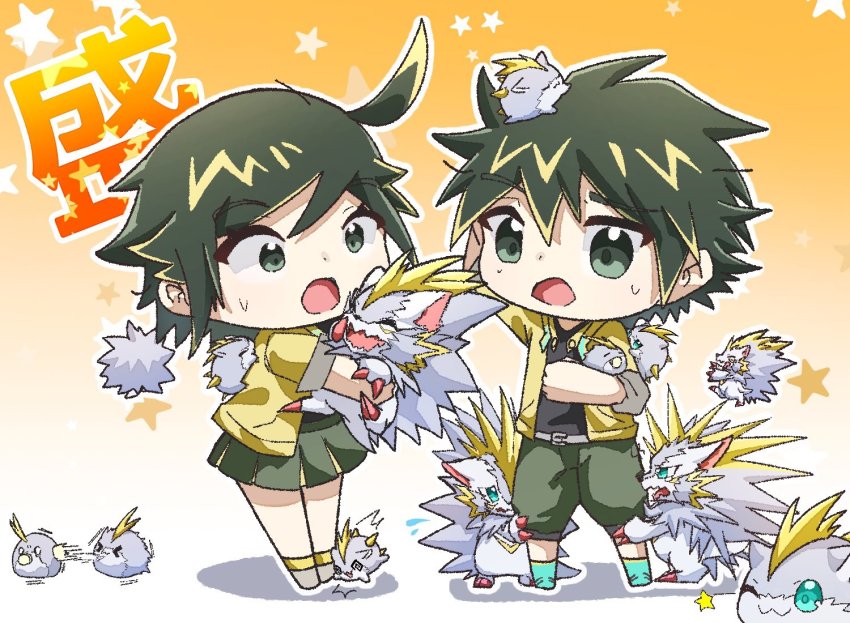 1boy 1girl blue_eyes digimon female_protagonist_(digimon_rearise) herissmon looking_at_another male_protagonist_(digimon_rearise) one_eye_closed pusumon pusurimon sweatdrop wink