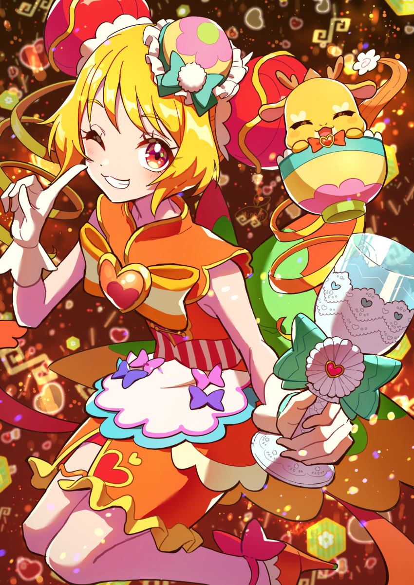 1girl apron artist_name blonde_hair bob_cut bow brooch bun_cover china_dress chinese_clothes commentary cure_yum-yum delicious_party_precure dress floating gloves green_bow grin hair_bun hanamichi_ran heart heart_brooch high_heels highres huge_bow index_finger_raised jewelry legs_up looking_at_viewer magical_girl mem-mem_(precure) minogi1029 one_eye_closed orange_bow orange_dress orange_shoes party_glass precure red_eyes shoes short_hair signature sleeveless sleeveless_dress smile solo sparkle standing triple_bun waist_apron white_gloves