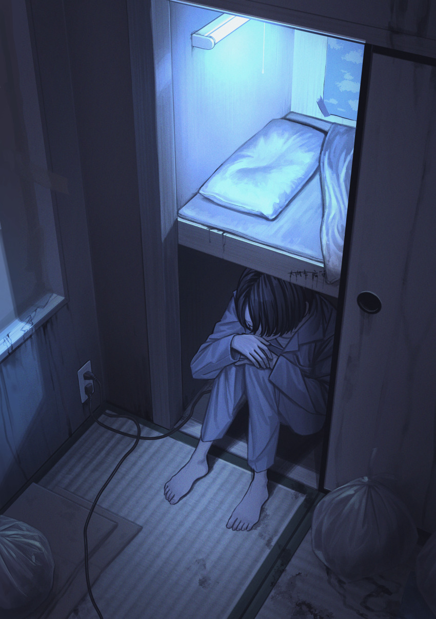 1boy absurdres barefoot black_hair blanket blue_pajamas cardboard closed_eyes closet dark electrical_outlet feet from_above highres indoors original ouchi_kila pajamas pillow poster_(object) short_hair sitting sliding_doors solo tape tatami trash_bag