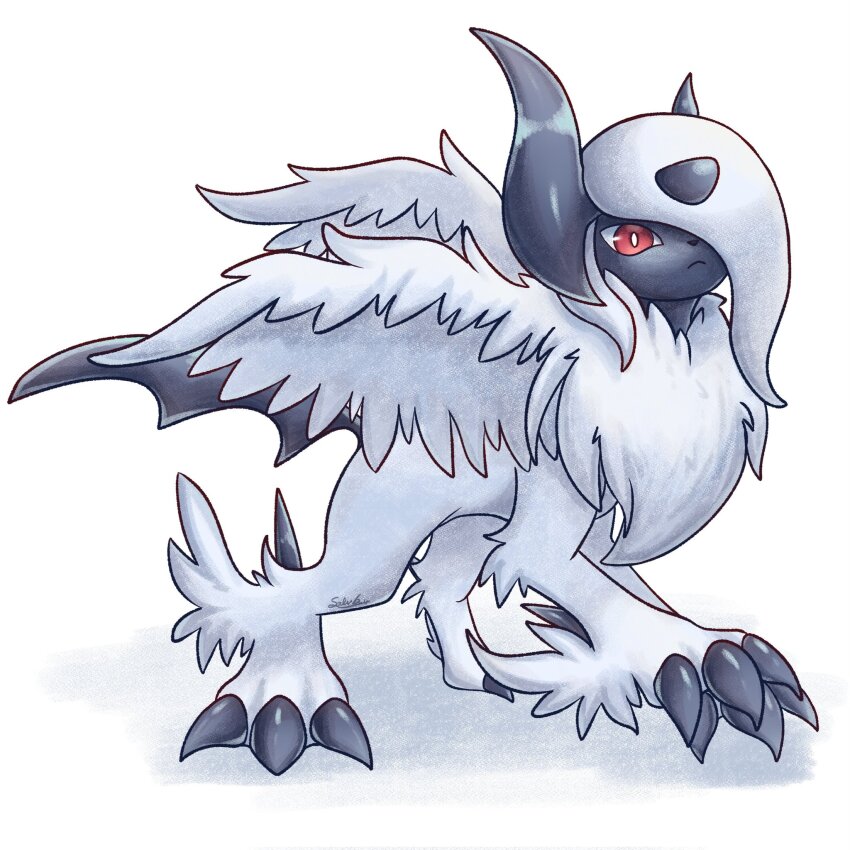 absol claws closed_mouth frown gen_3_pokemon highres mega_absol mega_pokemon nintendo no_humans pokemon pokemon_(creature) red_eyes solo soruva_359 white_hair wings