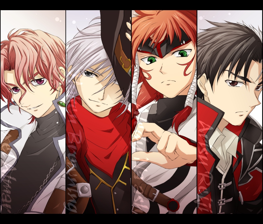 4boys akiha akiha_(ominaeshi) aledy_naash arisu_reiji axel_almer bad_id bad_pixiv_id banpresto brown_eyes column_lineup green_eyes grey_eyes harken_browning letterboxed male_focus multicolored_hair multiple_boys pink_eyes red_hair silver_hair super_robot_wars super_robot_wars_og_saga_mugen_no_frontier super_robot_wars_og_saga_mugen_no_frontier_exceed two-tone_hair upper_body