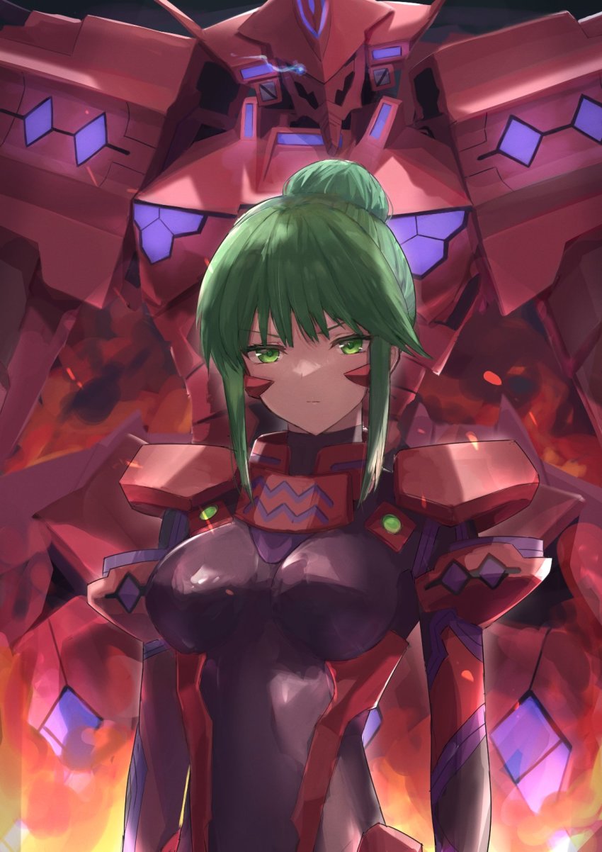 1girl arms_at_sides blue_eyes breasts eye_trail fire fortified_suit frown glowing glowing_eye green_eyes green_hair hair_bun head_tilt highres ito_t20a light_trail mecha mecha_pilot_suit medium_breasts muv-luv muv-luv_alternative muv-luv_alternative_(anime) pilot_suit robot science_fiction sidelocks single_hair_bun skin_tight tactical_surface_fighter tsukuyomi_mana type_00_takemikazuchi v-shaped_eyebrows