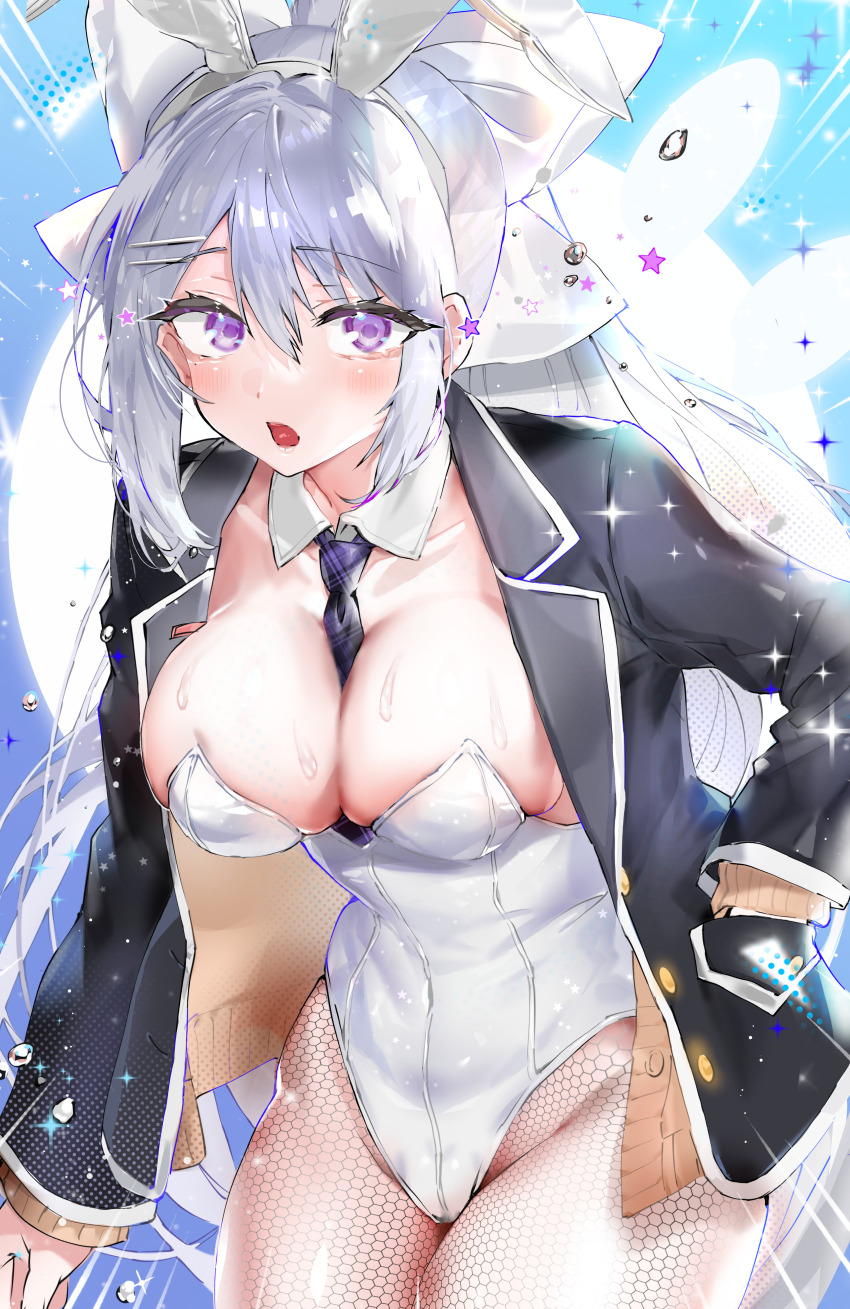 1girl absurdres animal_ear_hairband animal_ears between_breasts black_jacket black_necktie bow breasts cleavage detached_collar fake_animal_ears fishnet_pantyhose fishnets grey_hair hair_bow highleg highleg_leotard highres higuchi_kaede jacket large_breasts leotard long_hair long_sleeves looking_at_viewer mole mole_under_eye necktie necktie_between_breasts nijisanji open_clothes open_jacket open_mouth pantyhose playboy_bunny ponytail purple_eyes rabbit_ear_hairband rabbit_ears solo strapless strapless_leotard tekona0 virtual_youtuber white_bow white_leotard