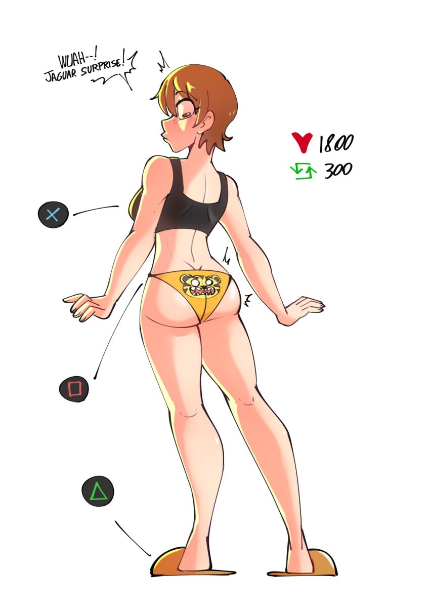 1girl animal_print ass back-print_panties black_sports_bra breasts brown_eyes brown_hair clinickcase commentary english_commentary english_text fate/stay_night fate_(series) from_behind fujimura_taiga full_body highres large_breasts like_and_retweet looking_back panties playstation_symbols print_panties short_hair slippers solo sports_bra surprised tiger_print twitter_strip_game underwear underwear_only yellow_panties