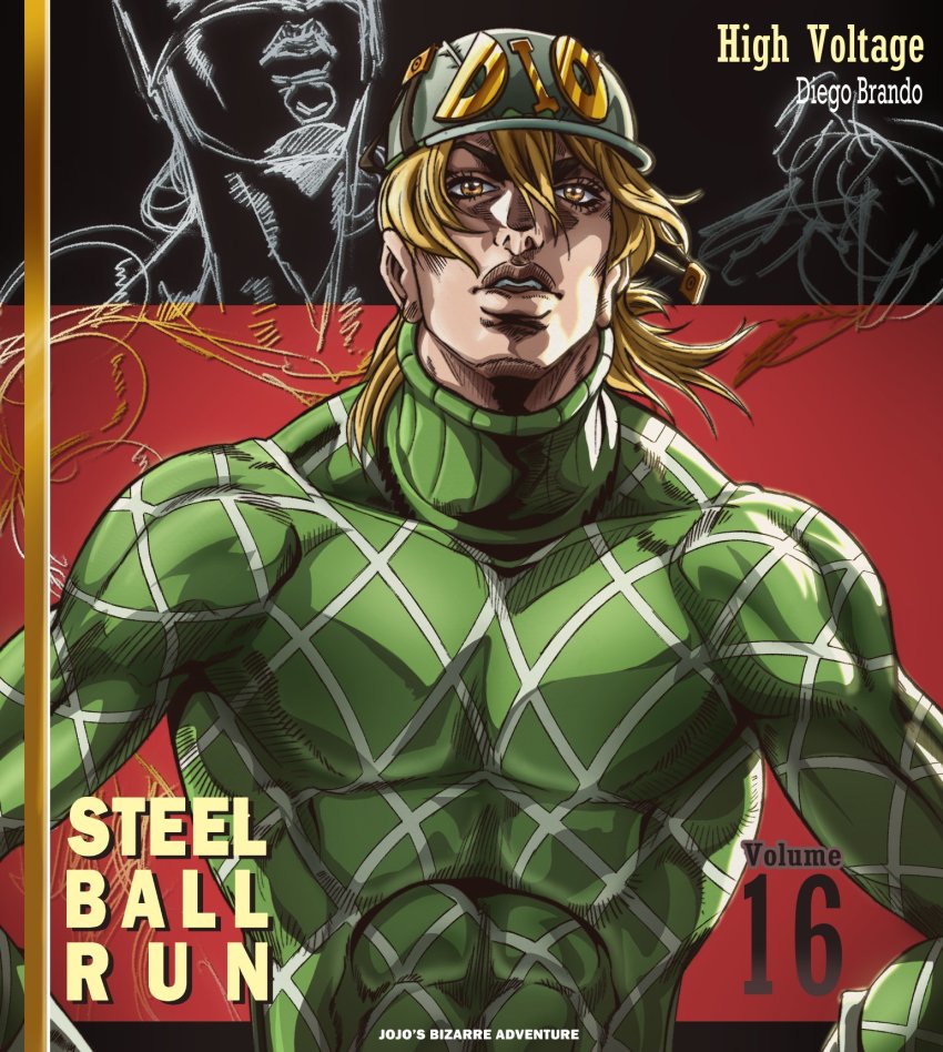 1boy argyle_clothes argyle_sweater blonde_hair character_name copyright_name covered_abs diego_brando grandguerrilla green_sweater highres jojo_no_kimyou_na_bouken looking_at_viewer male_focus muscular muscular_male parted_lips solo stand_(jojo) steel_ball_run sweater the_world turtleneck turtleneck_sweater yellow_eyes