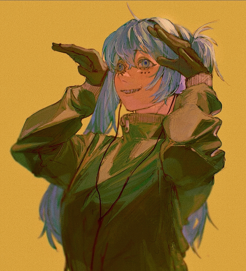 1girl blue_eyes blue_hair commentary_request facial_mark gloves grin hands_up hatsune_miku headphones high_collar highres jacket kadimamibak long_hair long_sleeves matryoshka_(vocaloid) rabbit_pose smile solo track_jacket twintails upper_body vocaloid yellow_background