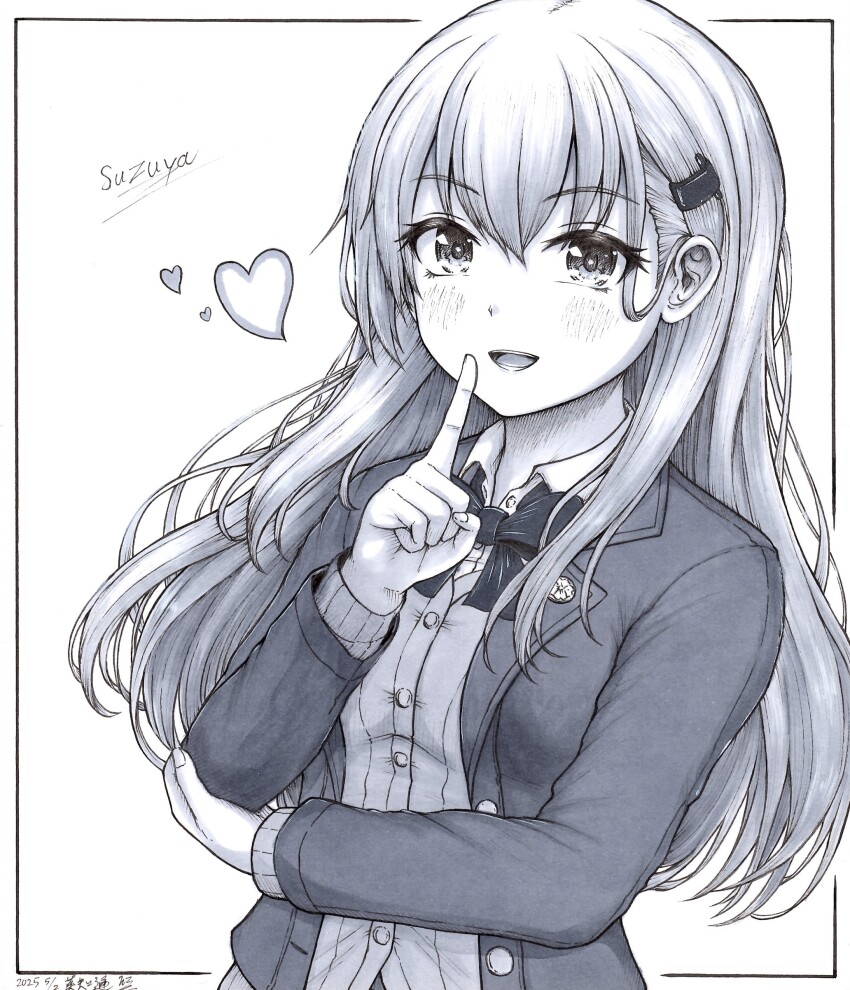 1girl absurdres blazer bow bowtie breasts cardigan character_name greyscale h2_(h20000000) hair_between_eyes hair_ornament hairclip heart highres jacket kantai_collection long_hair long_sleeves looking_at_viewer medium_breasts monochrome open_cardigan open_clothes open_mouth school_uniform smile solo suzuya_(kancolle) suzuya_kai_ni_(kancolle) upper_body very_long_hair